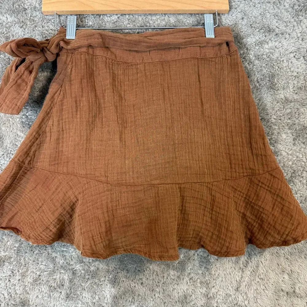 By Anthropologie XS Wrap Mini Skirt Brown Muslin Cotton Tiered Ruffle - Picture 2 of 8